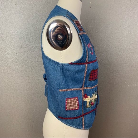 vintage Bobbie Brooks ugly Fall patchwork embroidered chambray button front vest - Picture 7 of 13